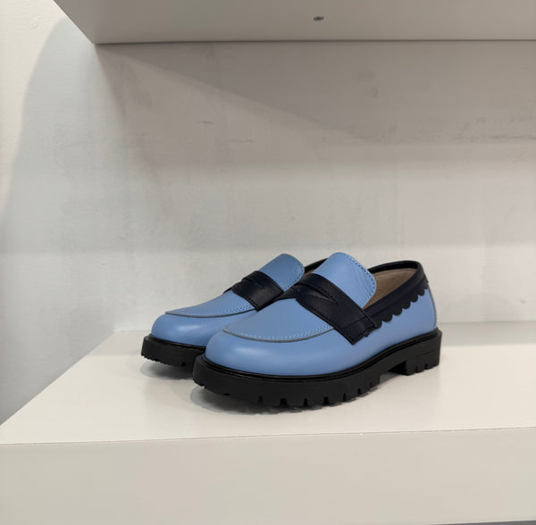 Don Louis light blue navy scallop Chunky Loafer