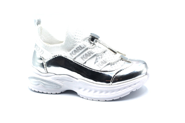 Karl Lagerfeld White and Silver Elastic Lace Sneakers