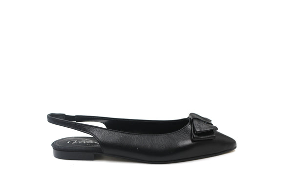 Valencia Black Leather Pointed Bow Sling Back