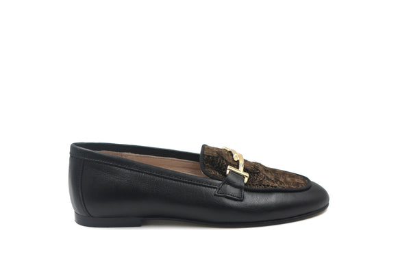 Don Louis Black Leather and Knit Chain Loafer